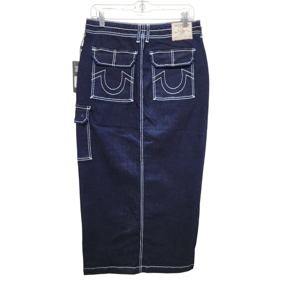 True Religion Womens Denim Cargo Maxi Skirt Size 28 Dark Wash Utility Pocket - Picture 2 of 10